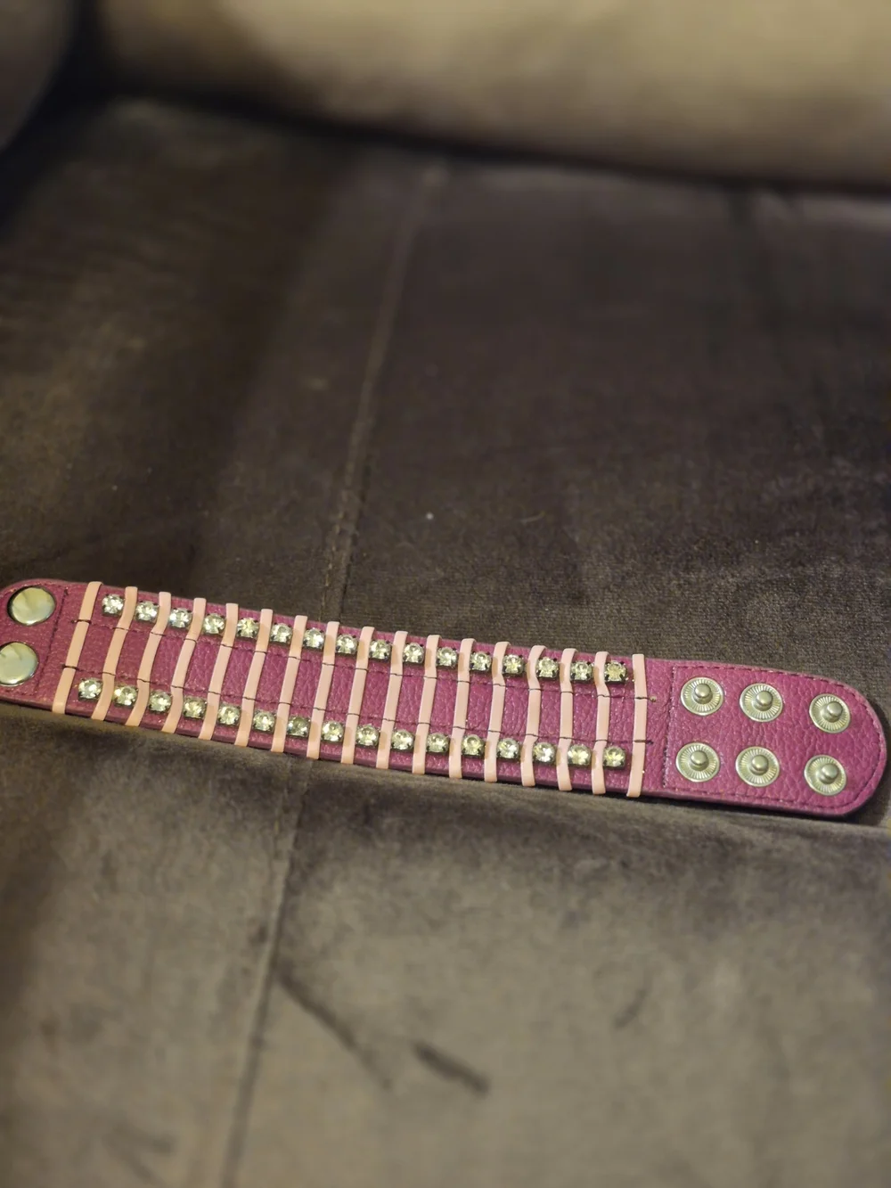 Studded Pink & Silver Rhinestone Leather Cuff Bracelet